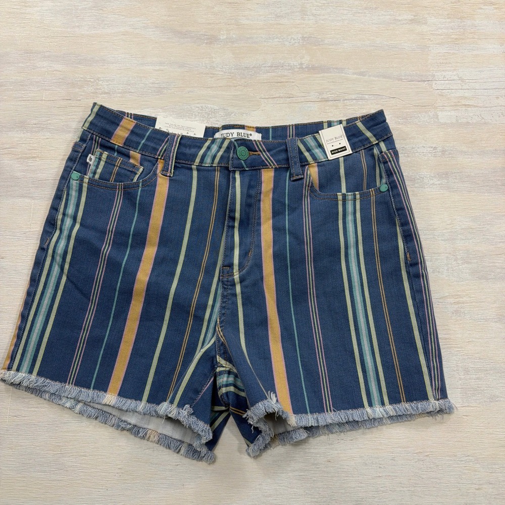 Judy Blue Denim Shorts Cyrus Large High Waist Striped Raw Hem Blue NWT Women